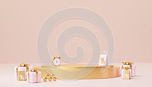 Golden podium stand for products and gifts and coupon. 3d rendering