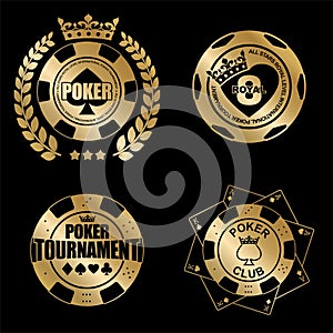 Golden poker club tournament emblem isolated monochrome logo on black background. Poker chip with spades in crown and laurel