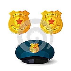 Golden police badge vector isolated or special security officer cop and sheriff metallic emblem on realistic hat cap flat cartoon