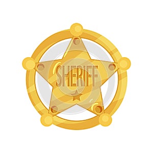 Brass five-pointed sheriff star badge in flat design isolated on white background. Golden policeman jetton.