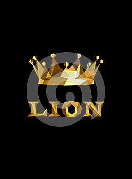 Golden poligonal king crown. Low poly lion logo.