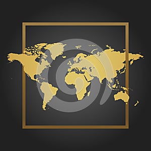 Golden Political World Map in black background with frame. Space for text and quotes. Vector Illustration