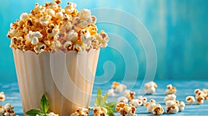 Golden popcorn in a rustic paper cup with fresh mint leaves on blue background