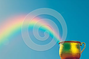 Golden pot under a rainbow, blue sky backdrop, symbol of luck, Saint Patrick's theme, copy space