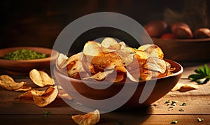 Golden potato chips in a wooden bowl. AI Generative