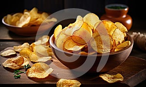 Golden potato chips in a wooden bowl. AI Generative