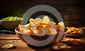 Golden potato chips in a wooden bowl. Created by AI tools