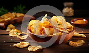 Golden potato chips in a wooden bowl. Created by AI tools