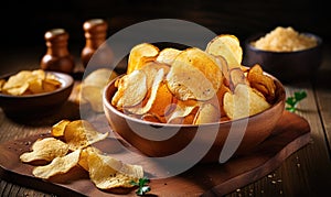 Golden potato chips in a wooden bowl. Created by AI tools