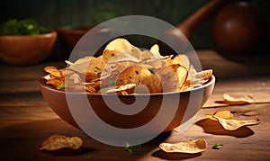 Golden potato chips in a wooden bowl. Created by AI tools