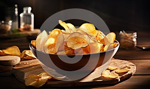 Golden potato chips in a wooden bowl. Created by AI tools