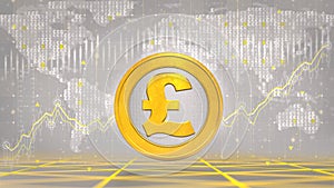 Golden Pound coin with economic graph charts.