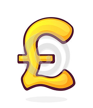 Golden Pound Sign. British Currency Symbol. Vector illustration. Hand drawn cartoon clip art with outline. Graphic element for