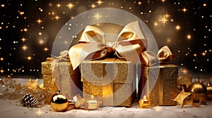 golden presents and gifts for christmas festivel card by Generative AI photo