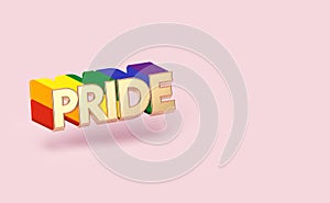 Golden PRIDE word pin with rainbow outline. LGBTQ pride month symbol concept. Isolated on pastel pink background with copy space.