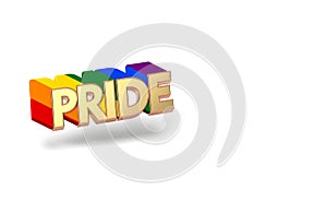 Golden PRIDE word with rainbow outline. LGBTQ pride month symbol concept. Isolated on white background with copy space. 3D