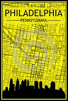 Hand-drawn panoramic city skyline poster with downtown streets network of PHILADELPHIA, PENNSYLVANIA