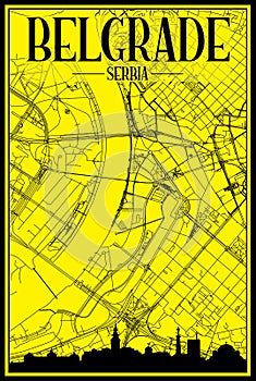 Hand-drawn panoramic city skyline poster with downtown streets network of BELGRADE, SERBIA