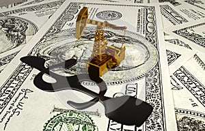 Golden Pumpjack And Spilled Oil On The Money. 3D illustration