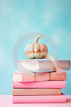 Golden pumpkin with books on a blue background