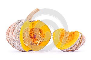 Golden pumpkin squash and pumpkin slices on white background healthy kabocha Vegetable food