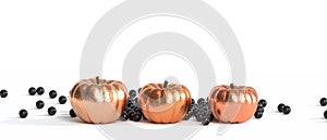 Golden pumpkins with black spheres on white background for autumn holidays or sales, 3d render