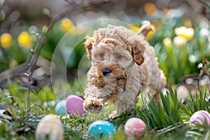 Golden Puppy Amidst Easter Eggs and Spring Flowers, a Portrait of Youthful Curiosity in Sunlit Garden