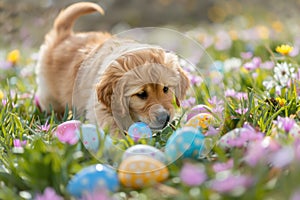 Golden Puppy Amidst Easter Eggs and Spring Flowers, a Portrait of Youthful Curiosity in Sunlit Garden