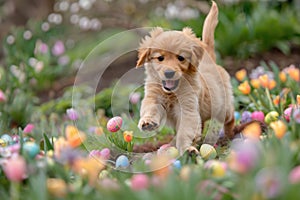 Golden Puppy Amidst Easter Eggs and Spring Flowers, a Portrait of Youthful Curiosity in Sunlit Garden