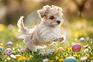 Golden Puppy Amidst Easter Eggs and Spring Flowers, a Portrait of Youthful Curiosity in Sunlit Garden