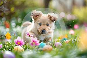 Golden Puppy Amidst Easter Eggs and Spring Flowers, a Portrait of Youthful Curiosity in Sunlit Garden