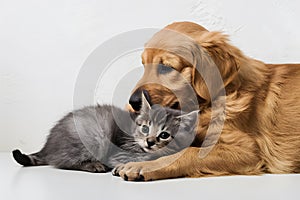 Golden puppy and gray kitten cuddle lovingly, highlighting their strong bond