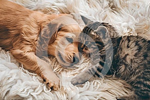 Golden puppy and striped kitten snuggle on white surface, evoking warmth and affection