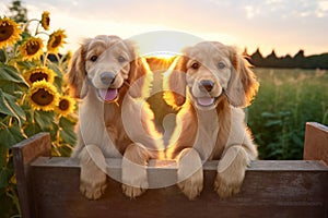 Golden Pups on Rustic Bench at Sunset