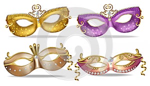 Golden and purple masks set collection Vector realistic. Stylish Masquerade Party. Mardi Gras card invitation. Night
