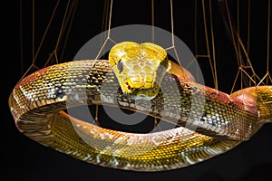 A golden python snake on a black background