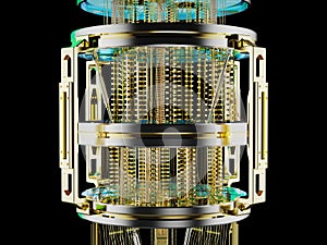 Golden quantum computer machine close up