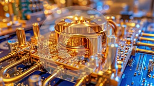 Golden quantum super semiconductor chip. Abstract future technology background