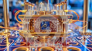 Golden quantum super semiconductor chip. Abstract future technology background