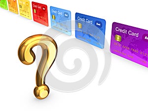 Golden query mark and colorful credit cards.