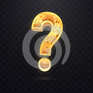 Golden question sign on dark transparent background. Vector icon of query mark.