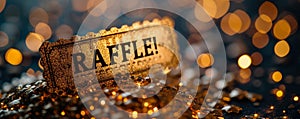 Golden raffle ticket with RAFFLE! text, symbolizing chance, competition, and luck in a prize draw or lottery event with a