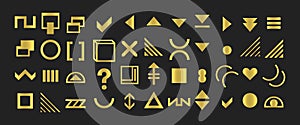 Golden random and isolated shining metal signs and symbols icons set design elements on black background