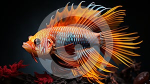 Golden Rare striped fish species in ocean, marine inhabitants among the corals, Exotic Aquarium