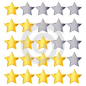 Golden rating stars set isolated on white background. Gold and silver star collection to rank hotel, restaurant, product