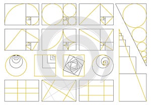 Golden ratio, divine proportions, golden fibonacci numbers spiral. Golden proportion fibonacci array vector illustration photo