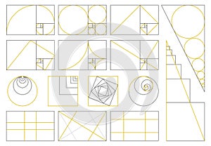 Golden ratio, divine proportions, golden fibonacci numbers spiral. Golden proportion fibonacci array vector illustration