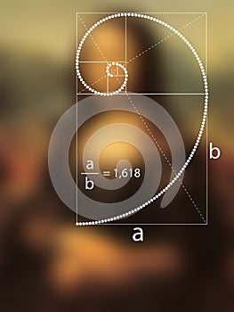 Golden Ratio in dotted line in Renaissance painting. Fibonacci Sequence geometric spiral made from quarter circles vector isolated photo
