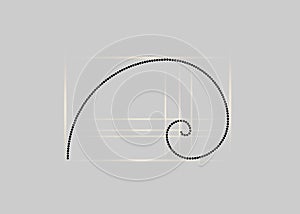 Golden ratio. Fibonacci number, golden section, divine proportion and black spiral in polka dots style, vector isolated on grey