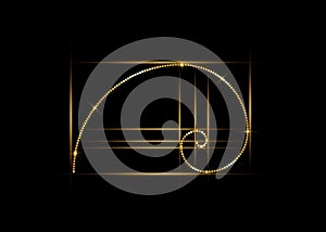 Golden ratio. Fibonacci number, golden section, divine proportion and shiny gold spiral, vector isolated on black background